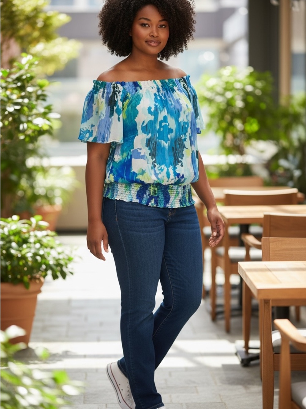Cato Woman Plus Size 22/24W Blue Off Shoulder Smocked Blouse